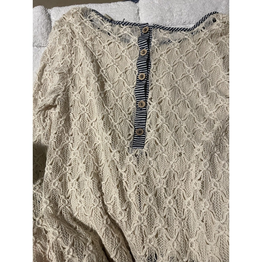 Gimmicks By Bke Cream Lace Overlay Top Fringe Bell Sleeve  Boho Blue Trim Size S